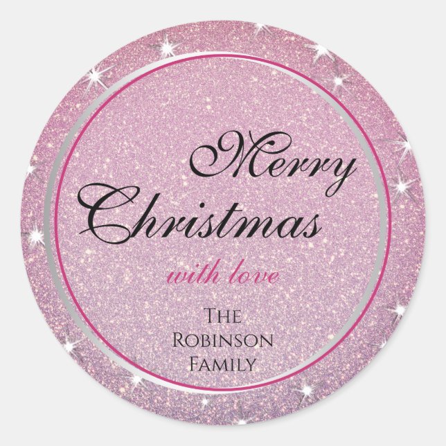 Glamourous Stars Pink Gradient Glitter Effect X-Ma Classic Round Sticker (Front)