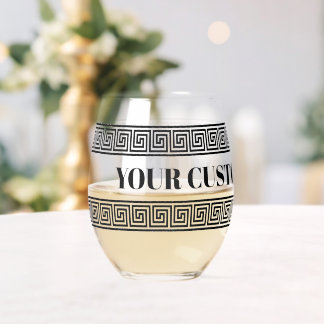 Glamourous stemless wine glass with Greek key prin