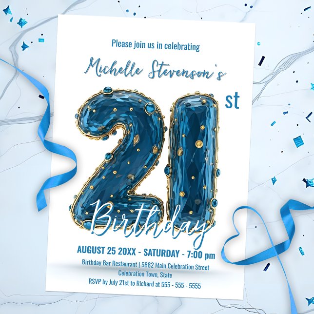 Glamourous Stylish Blue and Gold 21st Birthday Invitation (Creator Uploaded)