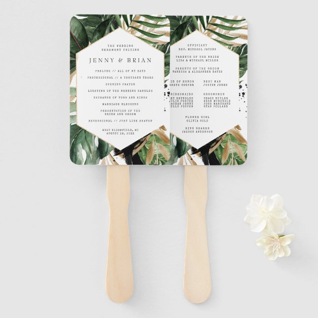 Glamourous Summer Greenery Wedding Program Hand Fan (Front and Back)