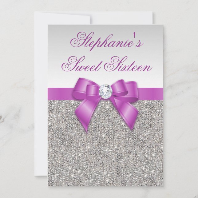 Glamourous Sweet 16 Faux Silver Sequins Purple Bow Invitation (Front)