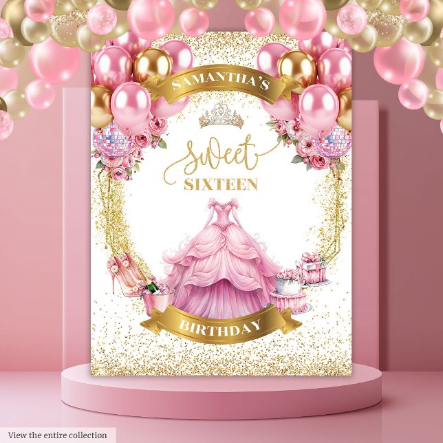 Glamourous Sweet Sixteen Banner Pink Gold Sparkles Tapestry (Glamorous Sweet Sixteen Banner Pink Gold Sparkles)