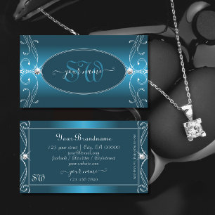 Glamourous Teal Blue Ornate Sparkle Jewels Initial Business Card
