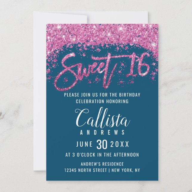 Glamourous Teal Bright Pink Glitter Dust Sweet 16 Invitation (Front)