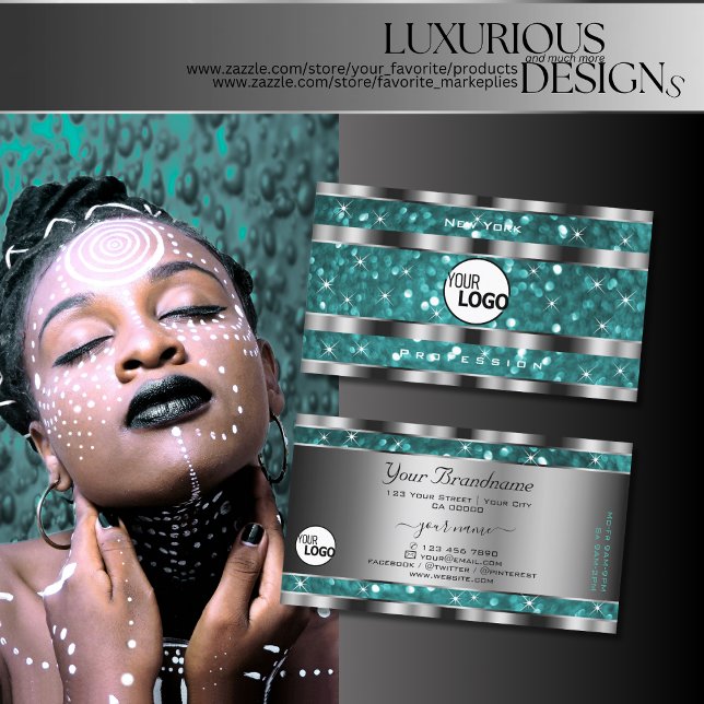 Glamourous Teal Glitter Stars add Logo Silver Deco Business Card (Creator Uploaded)