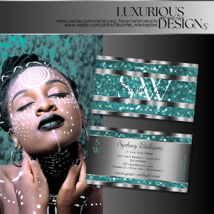 Glamourous Teal Glitter Stars Monogram Silver Deco Business Card