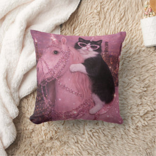 Glamourous Unicorn Cat Under Sparkling City Cushion