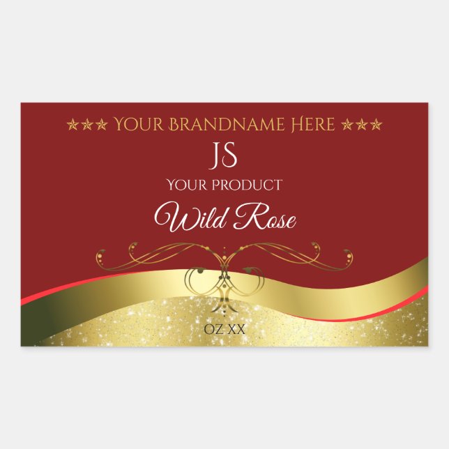 Glamourous Wavy Gold Decor Dark Red Monogram Label (Front)