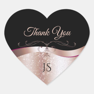 Glamourous Wavy Rose Gold Decor on Black Thank You Heart Sticker