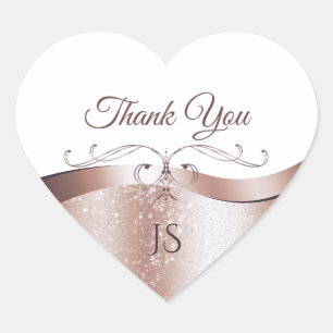 Glamourous Wavy Rose Gold Decor on White Thank You Heart Sticker