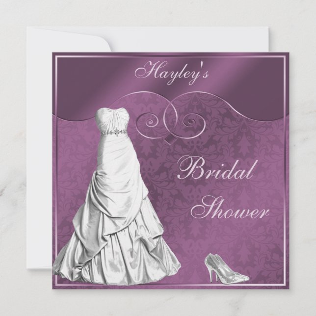 Glamourous Wedding Gown Purple Bridal Shower Invitation (Front)