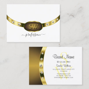 Glamourous White and Gold with Monogram Diamonds Business Card