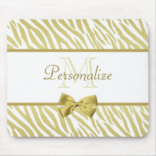 Glamourous White and Gold Zebra Print With Name Mouse Pad