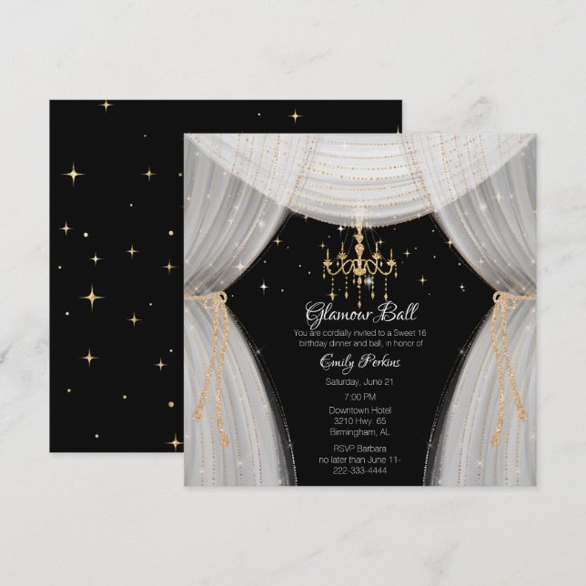 Glamourous White Black and Gold Sweet Sixteen  Inv Invitation (Front/Back)