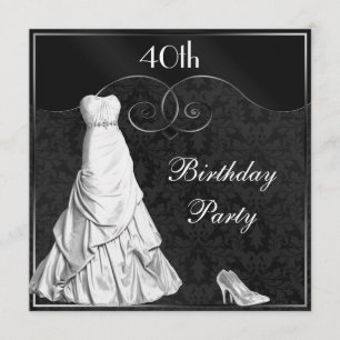 Glamourous White Gown Black Silver 40th Birthday Invitation