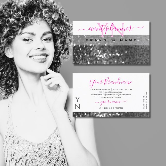 Glamourous White Silver Sparkling Glitter Monogram Business Card (Creator Uploaded)
