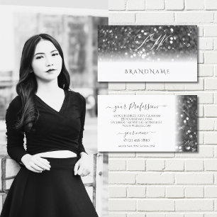 Glamourous White Silver Sparkling Glitter Monogram Business Card
