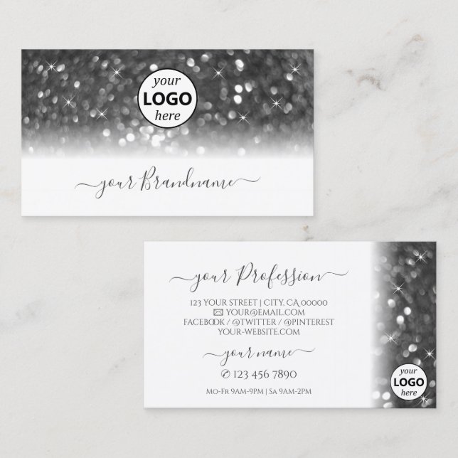 Glamourous White Silver Sparkling Glitter with Log Business Card (Front/Back)