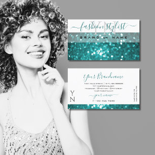Glamourous White Teal Sparkle Glitter with Monogra Business Card