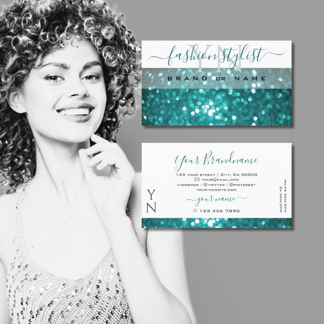 Glamourous White Teal Sparkle Glitter with Monogra Business Card (Creator Uploaded)