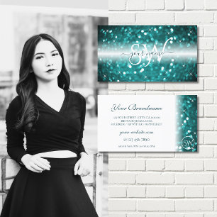 Glamourous White Teal Sparkling Glitter Initials Business Card