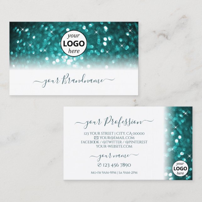 Glamourous White Teal Sparkling Glitter with Logo Business Card (Front/Back)