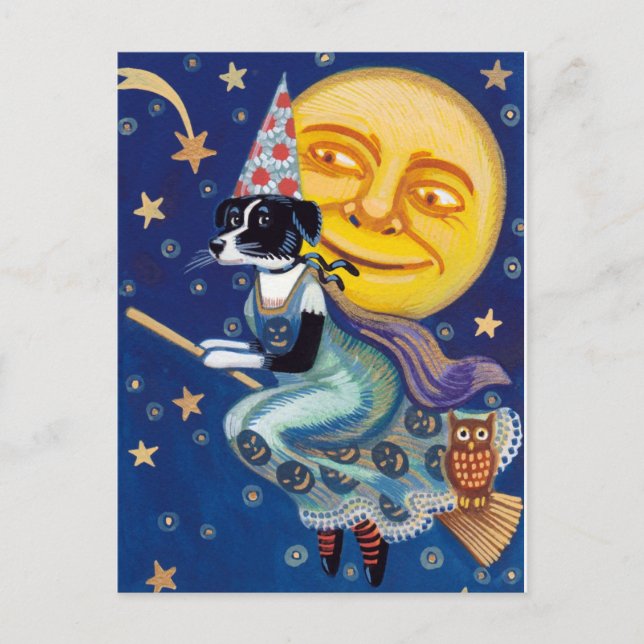 Glamourous Witch rides the Halloween Skies Postcard (Front)