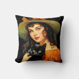 Glamourous Witch   Vintage Halloween Pin-up Art Cushion