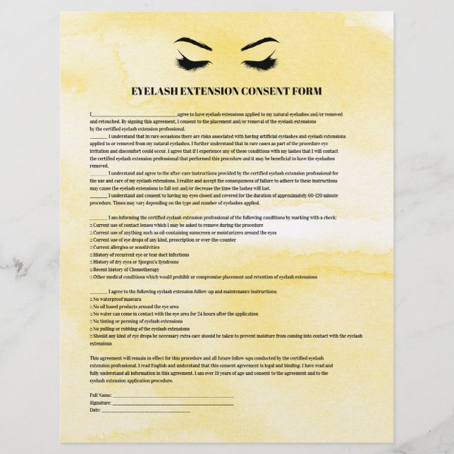 Glamourous Yellow EYELASH EXTENSION CONSENT FORM Flyer (Front)