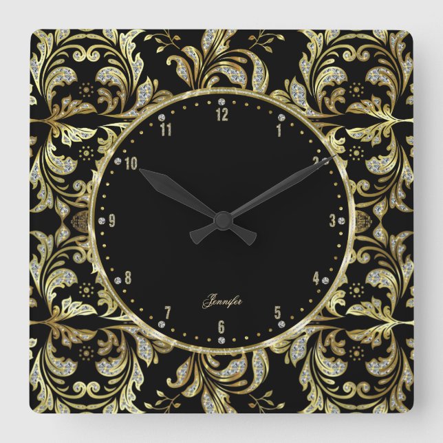 Glamours Black, Gold, And White Glitter Square Wall Clock (Front)