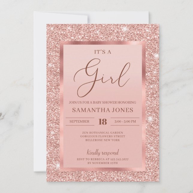 Glamout rose gold flitter it's a girl baby shower invitation (Front)