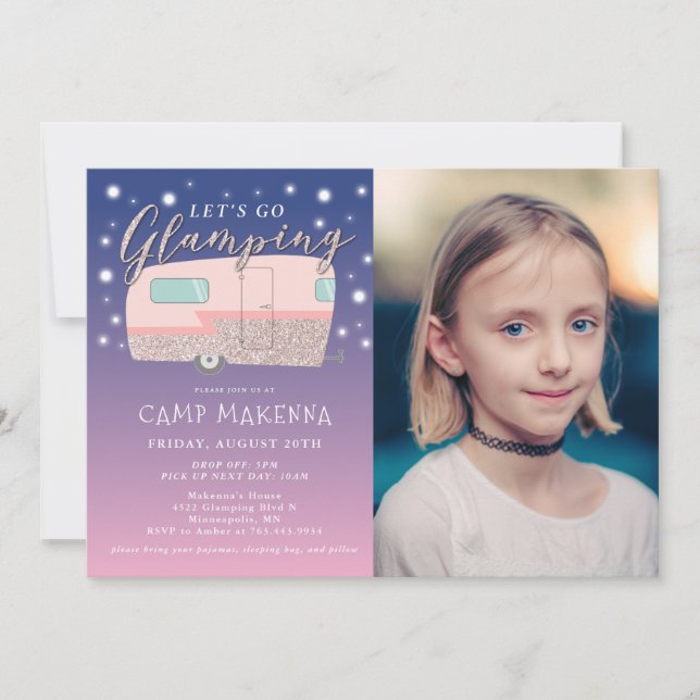 Glamping Birthday Party Bedazzled Photo Invitation (Front)