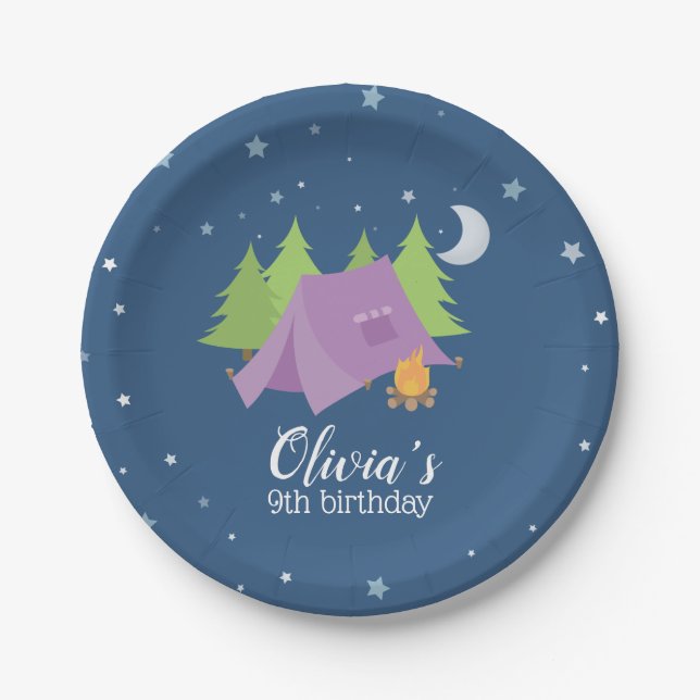Glamping Girl Purple Tent Camping Birthday Paper Plate (Front)