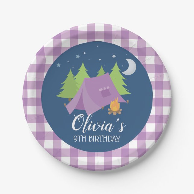 Glamping Girl purple tent Camping Birthday party Paper Plate (Front)