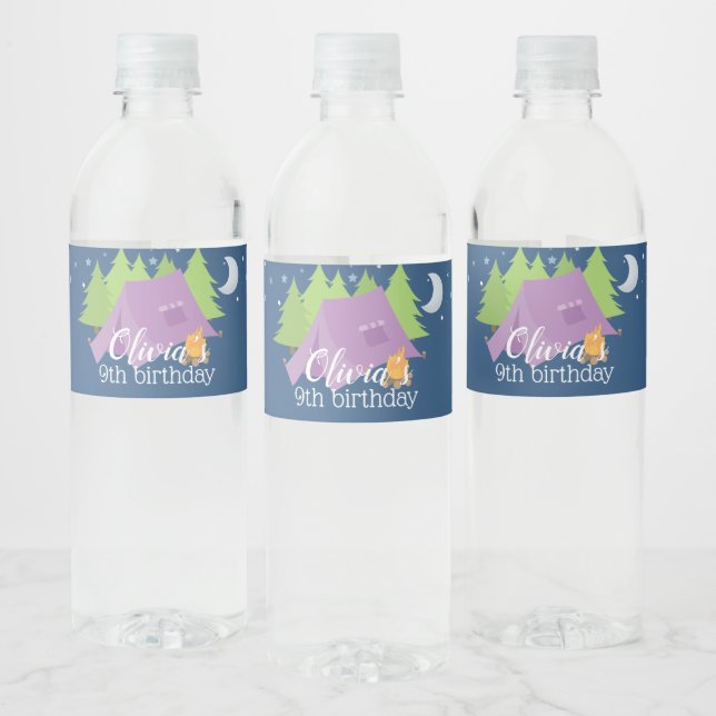 Glamping Girls purple Camping Birthday Water Bottle Label (Bottles)