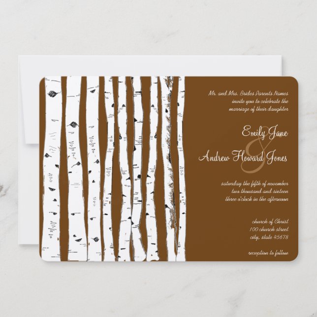 Glamping Mocha Brown Birch Tree Wedding Invitation (Front)