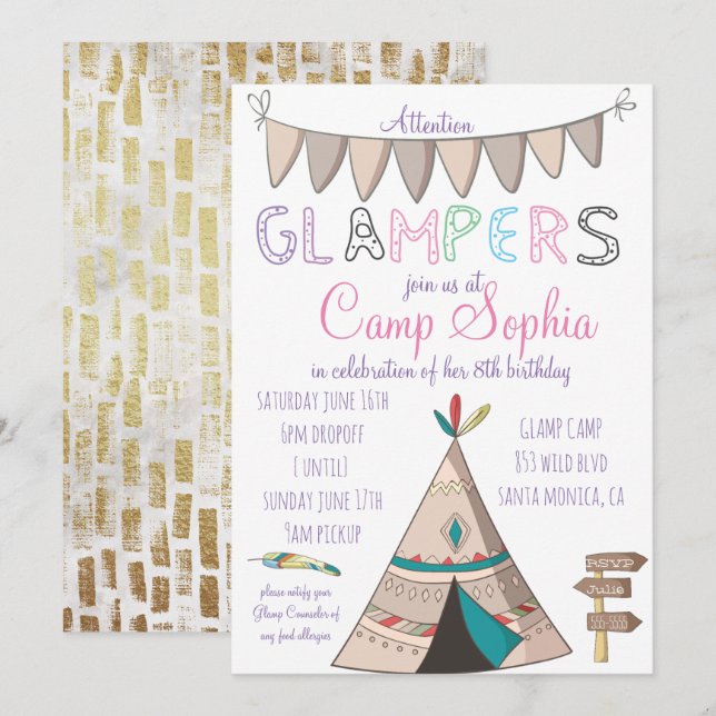 Glamping Themed Birthday Invitation (Front/Back)