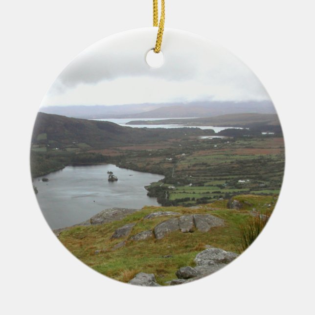 Glanmore Lake from Healy Pass Ireland. Round. Ceramic Tree Decoration (Front)