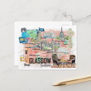 Glasgow Scotland Illustrated Travel Map with Roads Postcard