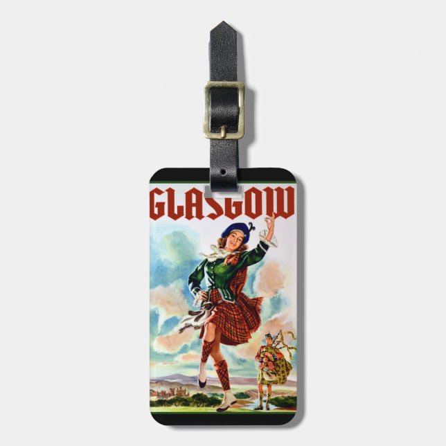 Glasgow Scottisn Girl Dancing with Bagpiper Luggage Tag (Front Vertical)