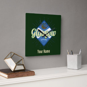 Glasgow UK City Scotland Retro Bagpipes Vintage Square Wall Clock