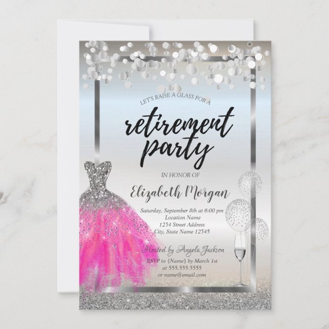 Glass Balloons Dress Silver Glitter Retirement Invitation (Front)