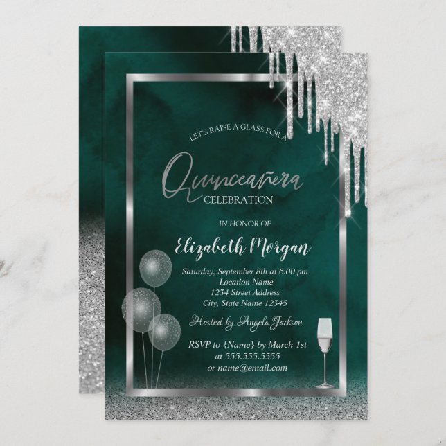 Glass,Balloons,Glitter Drips,Green Quinceañera Invitation (Front/Back)