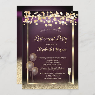 Glass Balloons Glitter Gold Burgundy Retirement  Invitation
