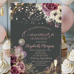 Glass Balloons Glitter Heels Flowers Quinceañera Invitation