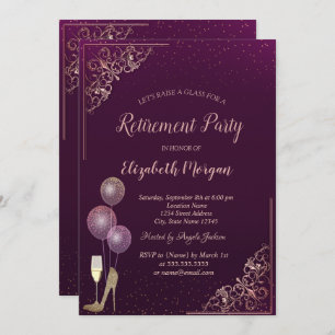 Glass Balloons Glitter Heels Violet Retirement Invitation