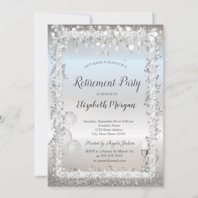  Glass Balloons Silver Glitter Frame Retirement  Invitation (Front)