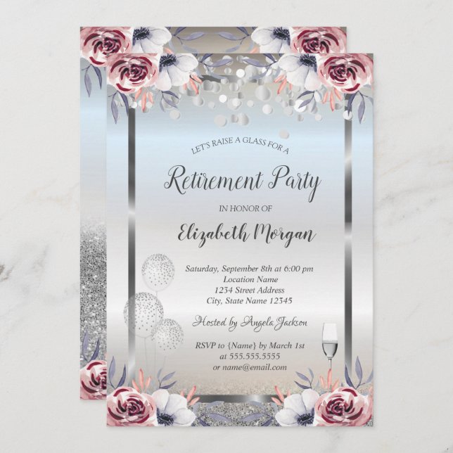 Glass Balloons Silver Glitter Roses Retirement  Invitation (Front/Back)