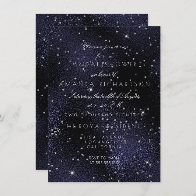 Glass Blue Navy Silver Stars Bridal Bachelorette Invitation (Front/Back)