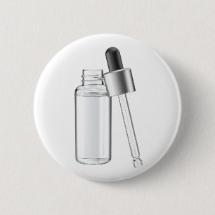 Glass bottle with clear liquid and pipette 6 cm round badge